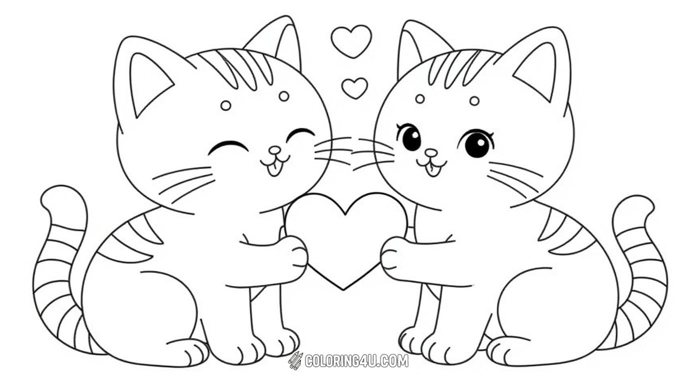 This charming coloring page shows two happy kittens snuggling close together surrounded by floating heart shapes. The simple, rounded features and joyful expressions of the kittens make this a delightful page for kids to color and enjoy the love-filled scene.