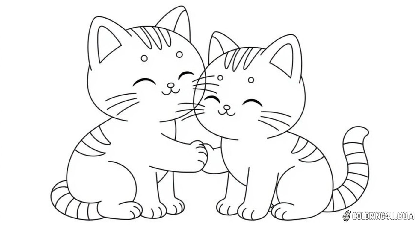 Color this heartwarming scene of a mother kitten and her baby snuggling together with joy. The sweet smiles and floating hearts make this image perfect for kids to add bright and happy colors to celebrate love and family.