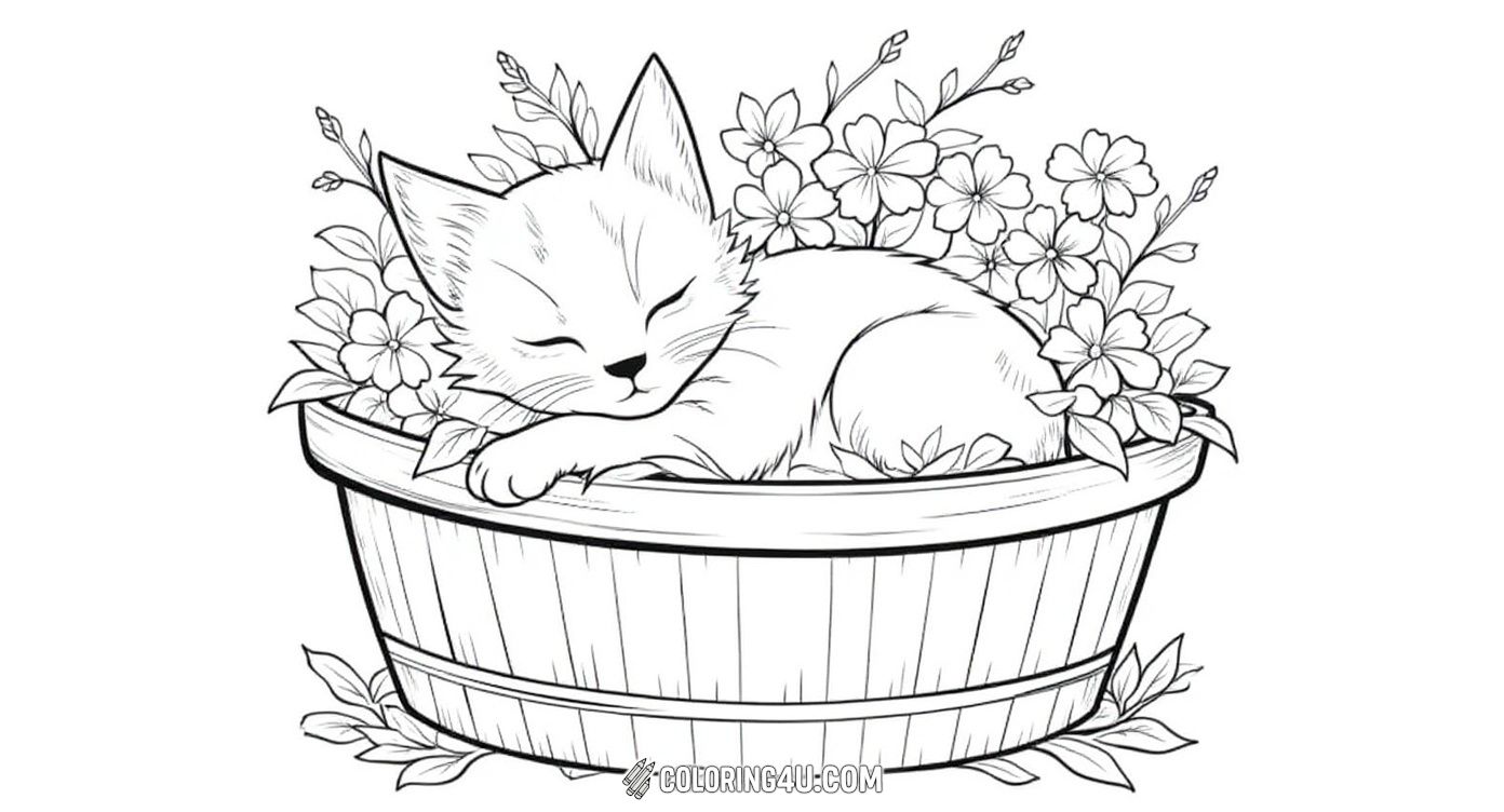 This lovely coloring page depicts a peaceful kitten curled up and sleeping inside a basket overflowing with beautiful flowers. The intricate floral details combined with the serene sleeping kitten offer kids a calming and creative coloring experience.