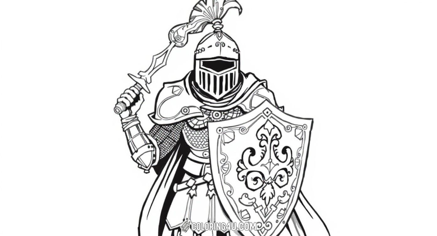 Here is a detailed coloring page of a strong armored knight standing in a stone archway, holding a decorated shield and a weapon, prepared for battle. The intricate designs on the armor and shield invite children to use their imagination and creativity while coloring.
