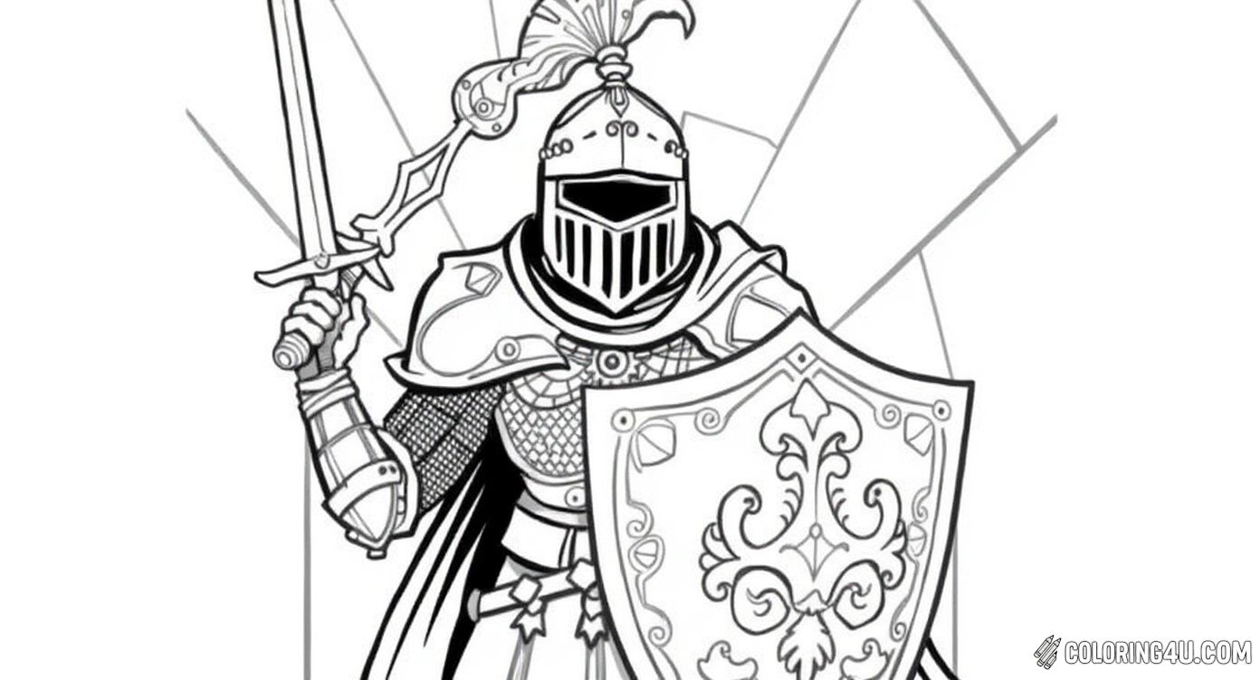 Get ready to color a valiant knight dressed in detailed armor, holding a decorated shield and a sword in a heroic pose inside a stone archway. The intricate designs on the shield and helmet make it a fun challenge for kids to explore different colors while imagining their own medieval story.