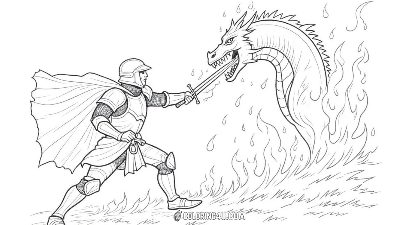 This dynamic coloring page shows a heroic knight bravely fighting a fierce fire-breathing dragon. The knight is in full armor, wielding a sword and standing firmly while the dragon rises amidst flames, making it a thrilling scene for kids to color and enjoy.