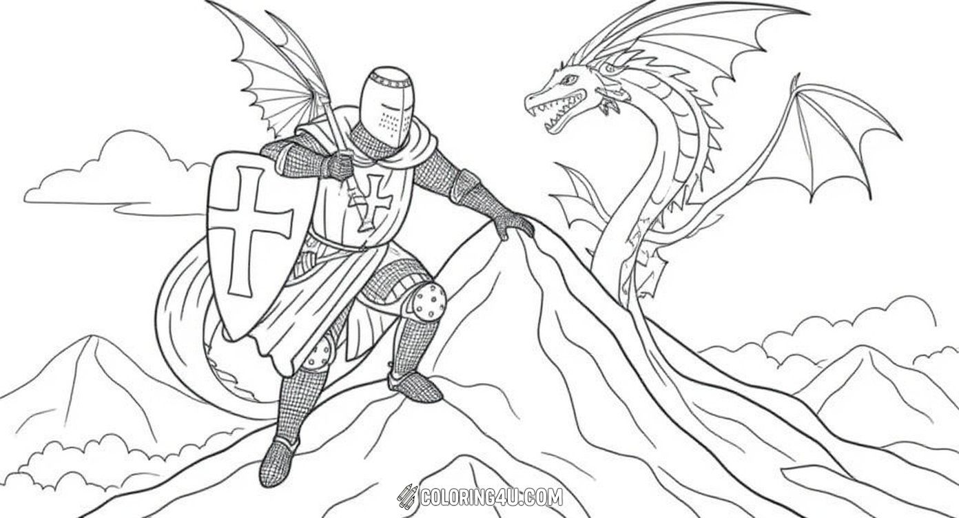 This exciting coloring page features a brave knight in shining armor, holding his sword high and a shield with a cross, ready to face two fierce dragons flying near snowy mountains. Kids can have fun bringing this adventurous scene to life with vibrant colors!