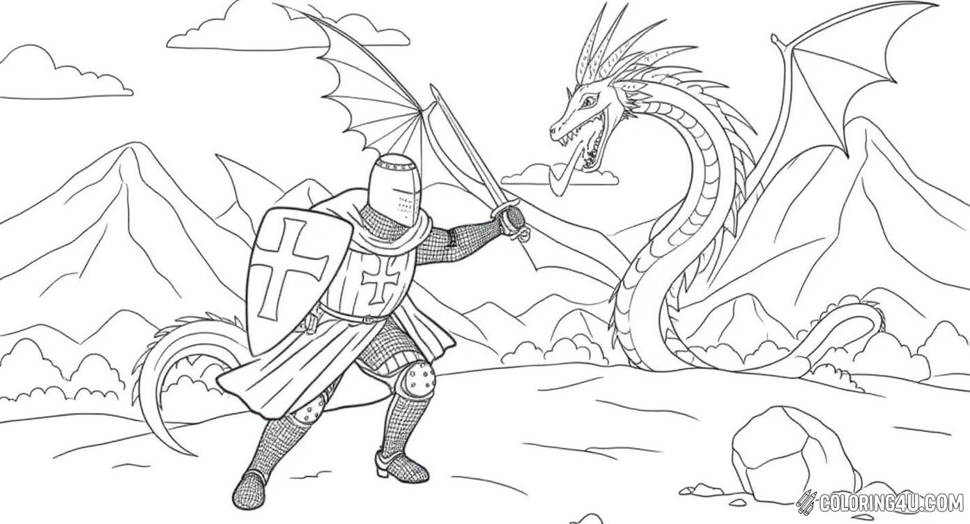 This exciting coloring page features a brave knight dressed in chainmail and a flowing cape, holding a sword high and carrying a shield with a cross. The scene comes alive with two dragons flying in the sky above a mountainous landscape, inviting kids to bring this thrilling medieval adventure to life with their favorite colors.