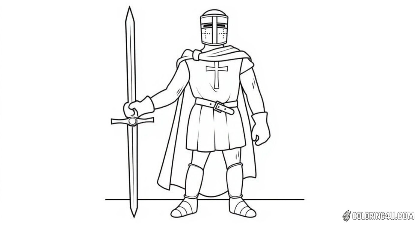This coloring page shows a strong and proud medieval knight standing tall, equipped with a cross-adorned shield and a sword resting on the ground. The clear, bold lines create an excellent opportunity for kids to practice coloring neatly while bringing this classic knight to life.