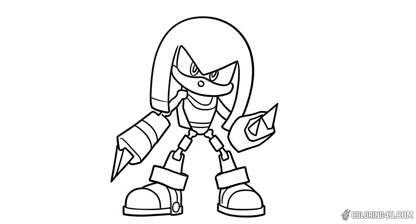 Get creative with this unique coloring page featuring Metal Knuckles, a robotic version of Knuckles from the Sonic the Hedgehog universe. Surrounded by stars, this mechanical warrior stands strong and ready for battle, inviting kids to add their imagination and colors to make this robotic hero shine.
