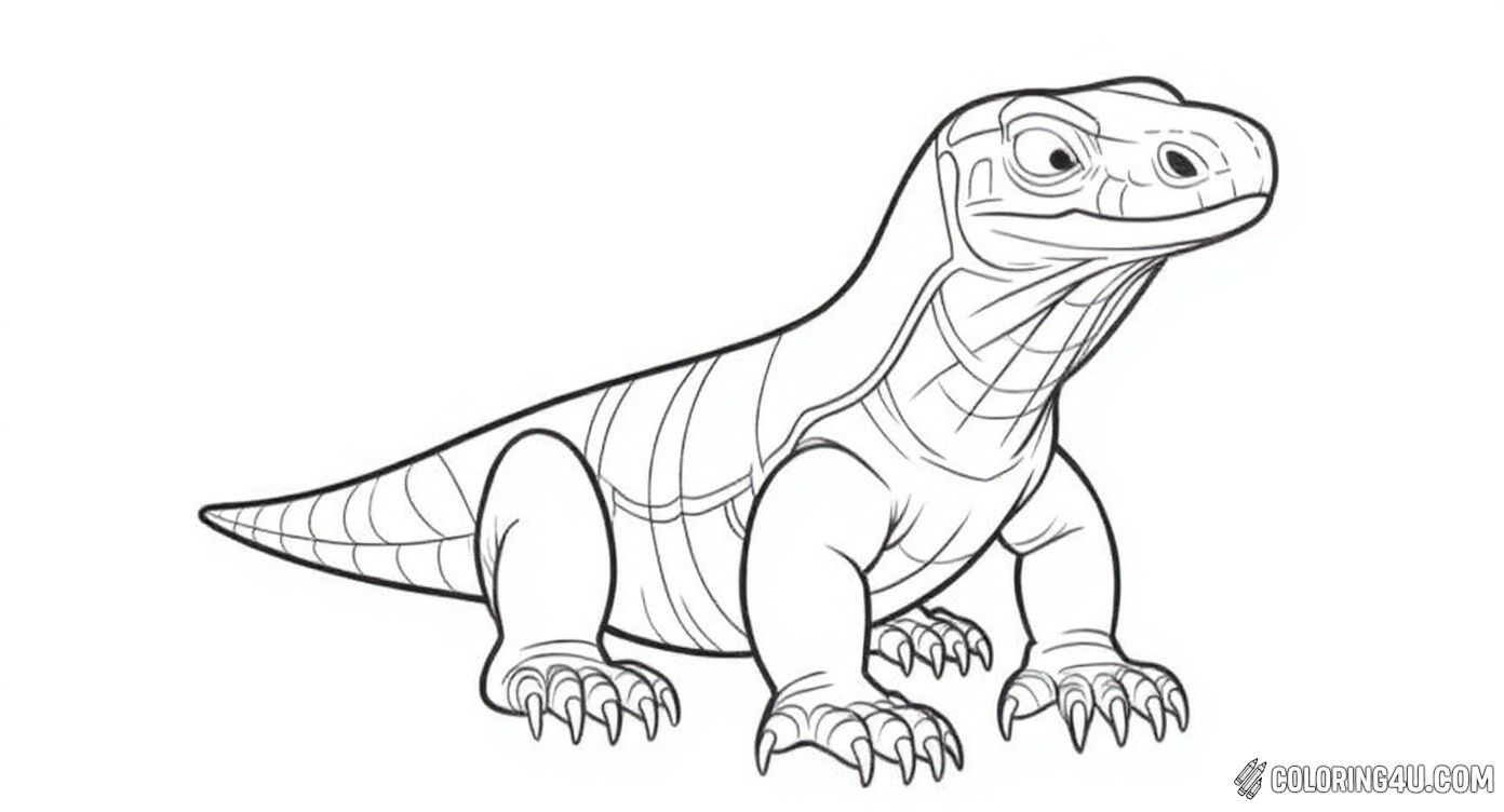 This coloring page features a cute Komodo dragon standing on all fours with detailed scales and claws. Kids can have fun bringing this fierce yet friendly reptile to life with their favorite colors while learning about this unique creature.
