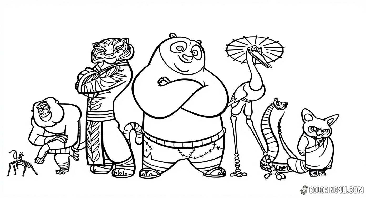 This coloring page features the beloved main characters from DreamWorks' Kung Fu Panda 3. Kids can have fun coloring Po the Panda, Tigress, Monkey, Crane, Snake, and Mantis all standing proudly side by side, ready for adventure!