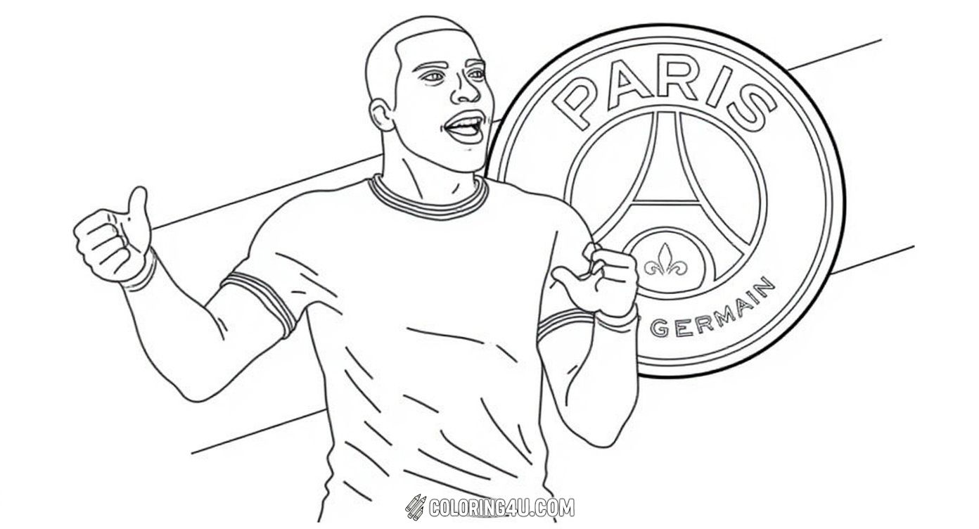 This fun coloring page shows the famous soccer star Kylian Mbappe celebrating a goal with great excitement, wearing his Paris Saint-Germain jersey. Kids can enjoy adding vibrant colors to Mbappe and the glowing Paris Saint-Germain logo in the background. Get ready to color the energy and spirit of a top soccer player!
