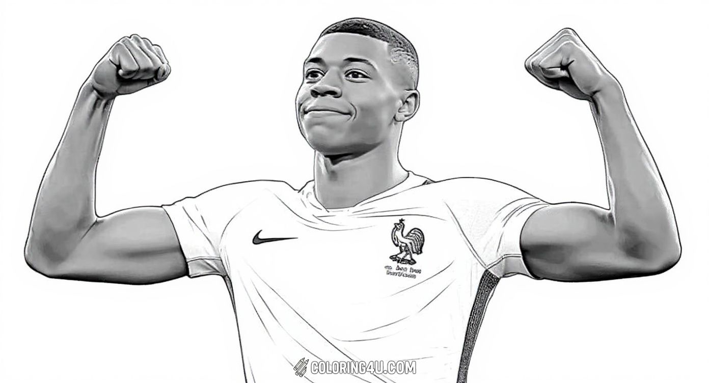 Join Kylian Mbappe in a victorious moment as he celebrates with his arms raised proudly! This coloring page lets kids show their creativity by adding bright colors to his jersey and surroundings while feeling the joy of a great win on the soccer field.