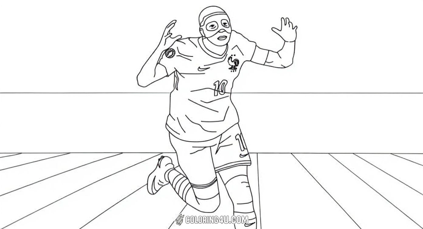 This coloring page shows the famous football player Kylian Mbappe celebrating a goal while wearing his signature face mask. Kids can have fun adding colors to his dynamic pose, sports uniform, and the exciting stadium background.
