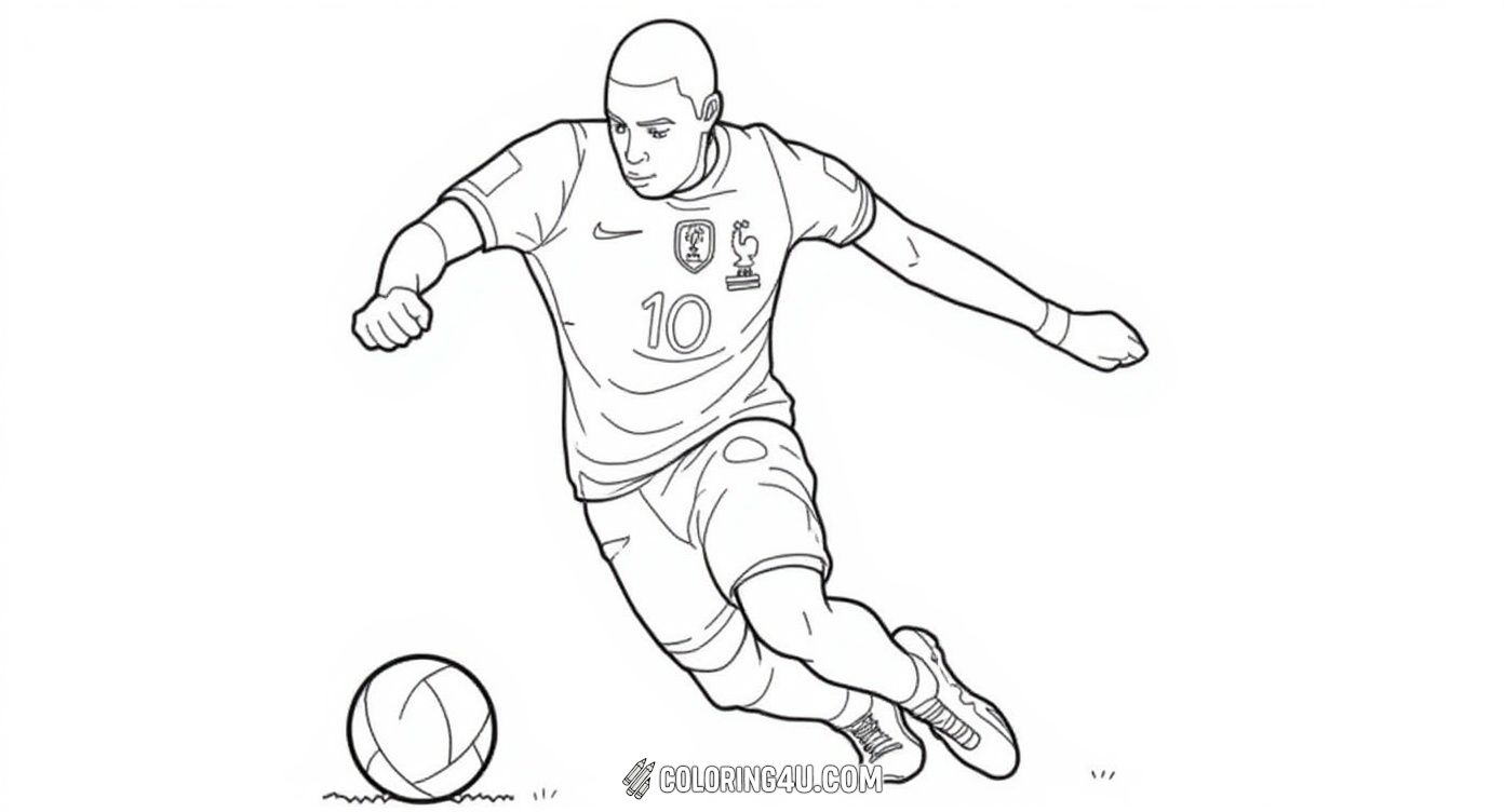 Here is an action-packed coloring page featuring Kylian Mbappe kicking a soccer ball on the field, dressed in the France national team uniform with number 10. Kids can bring this exciting soccer moment to life with their favorite colors. It’s a dynamic scene to inspire young sports fans to dream big!