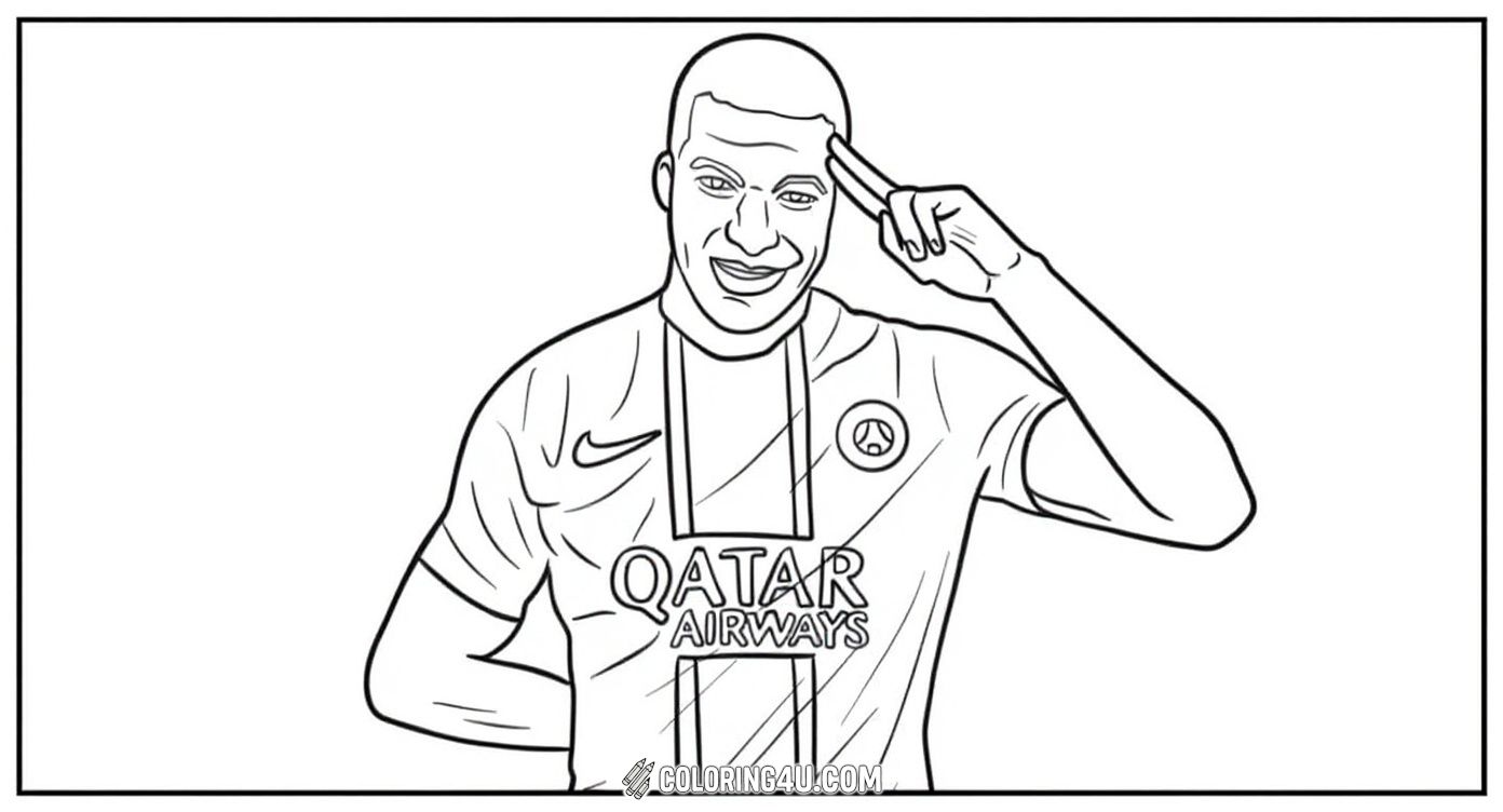 This cheerful coloring sheet shows Kylian Mbappe in his Paris Saint-Germain team kit, giving a friendly salute with a big smile. Kids can bring this scene to life by adding vibrant colors to Mbappe's jersey and the background, celebrating one of football's brightest stars.