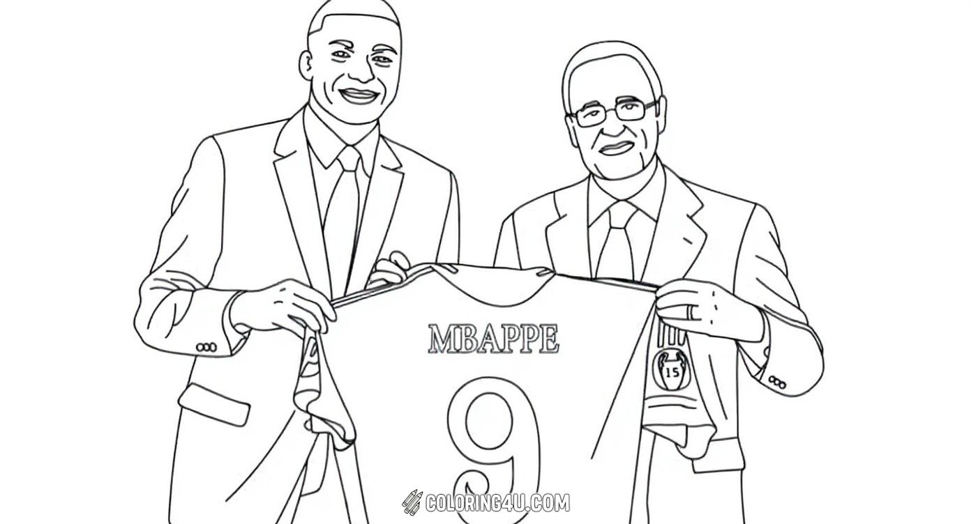 This coloring page features Kylian Mbappe holding up his new soccer jersey with a big number 9 on it, alongside a suited official. This scene celebrates a special moment in Mbappe's career, perfect for kids to bring to life with their colors.