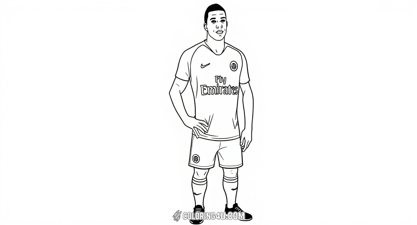 Bring your colors to this striking image of Kylian Mbappe standing confidently in his Paris Saint-Germain jersey. Kids can have fun adding vibrant colors to his uniform and the background while imagining the thrill of playing for a top football club.