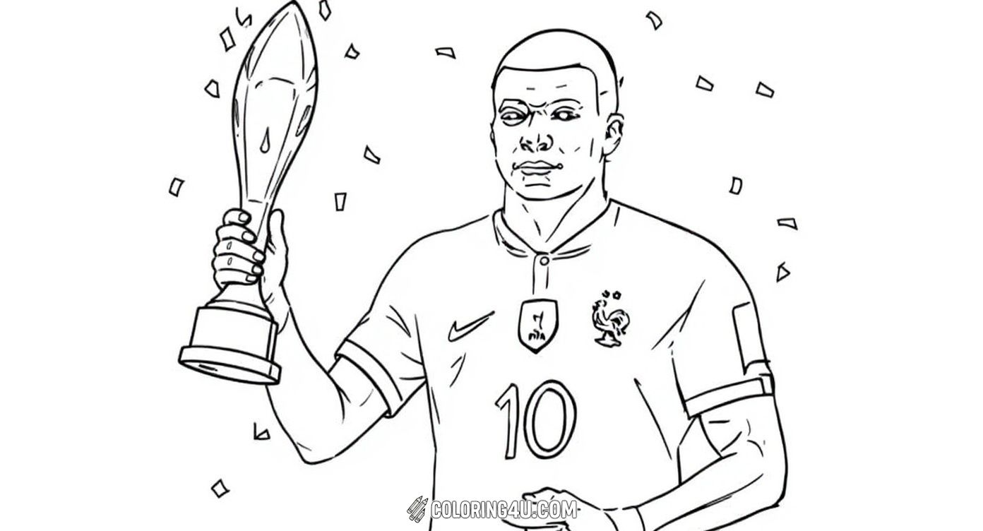 This coloring page features Kylian Mbappe proudly holding his Golden Boot trophy while wearing the France national team jersey, surrounded by celebratory confetti. Kids can enjoy coloring this exciting moment of a football champion being recognized for his incredible goal-scoring skills.