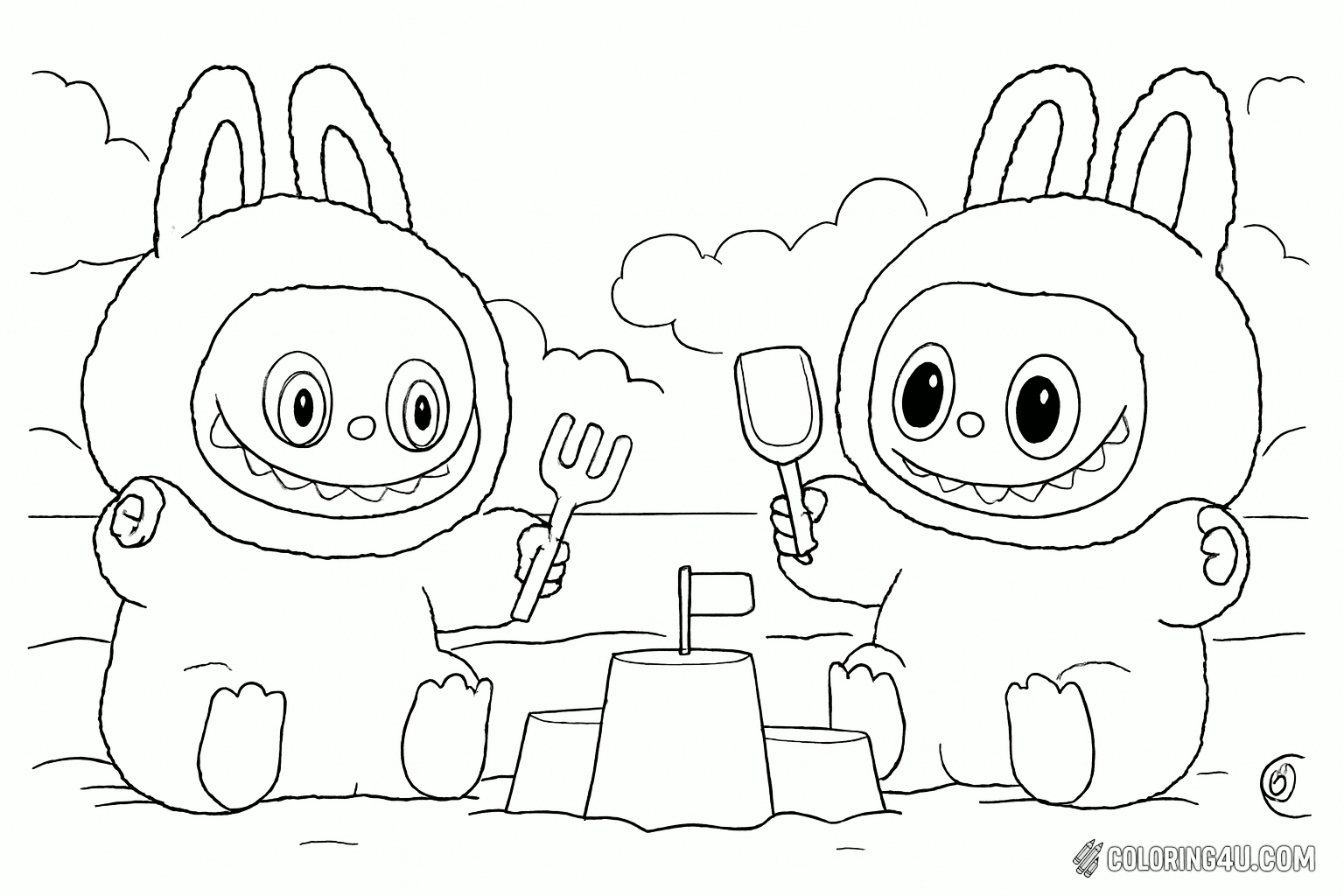 Printable coloring page of Labubu Building Snow Castle Coloring Page from the Labubu Dolls category.