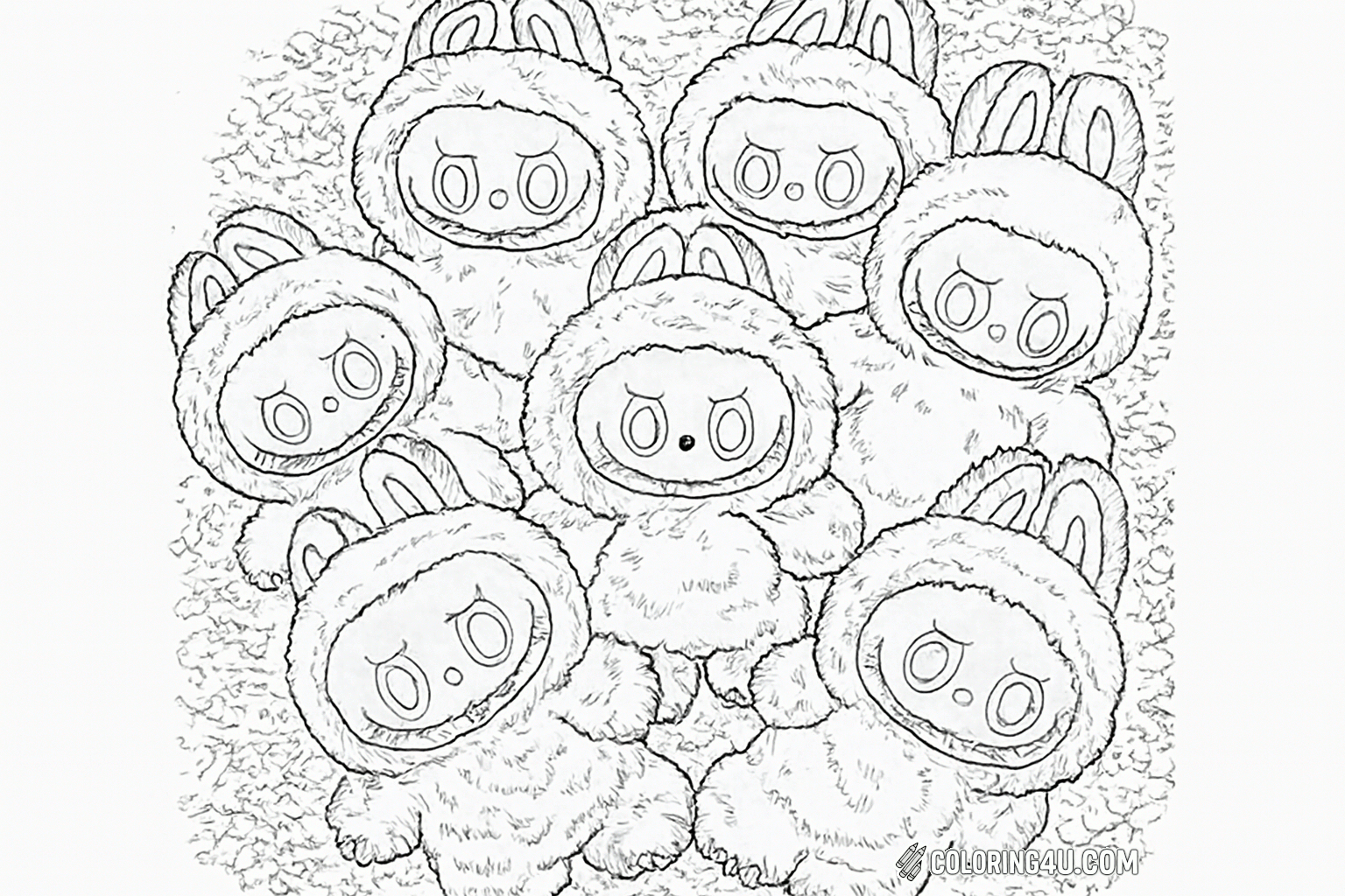 Printable coloring page of Labubu Characters Piled Up Coloring Page from the Labubu Dolls category.