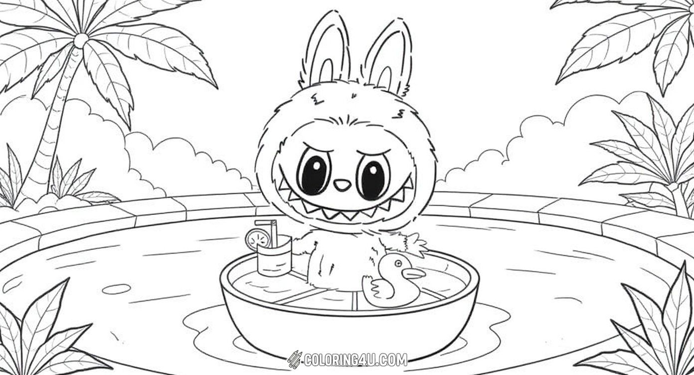 Dive into a refreshing coloring adventure with Labubu, the lovable doll, as it enjoys a fun dip in a lemon-shaped pool! Surrounded by juicy lemons, leaves, and a cute rubber duck, this playful scene invites kids to bring splashy colors to life and imagine a sunny day filled with laughter and lemonade.