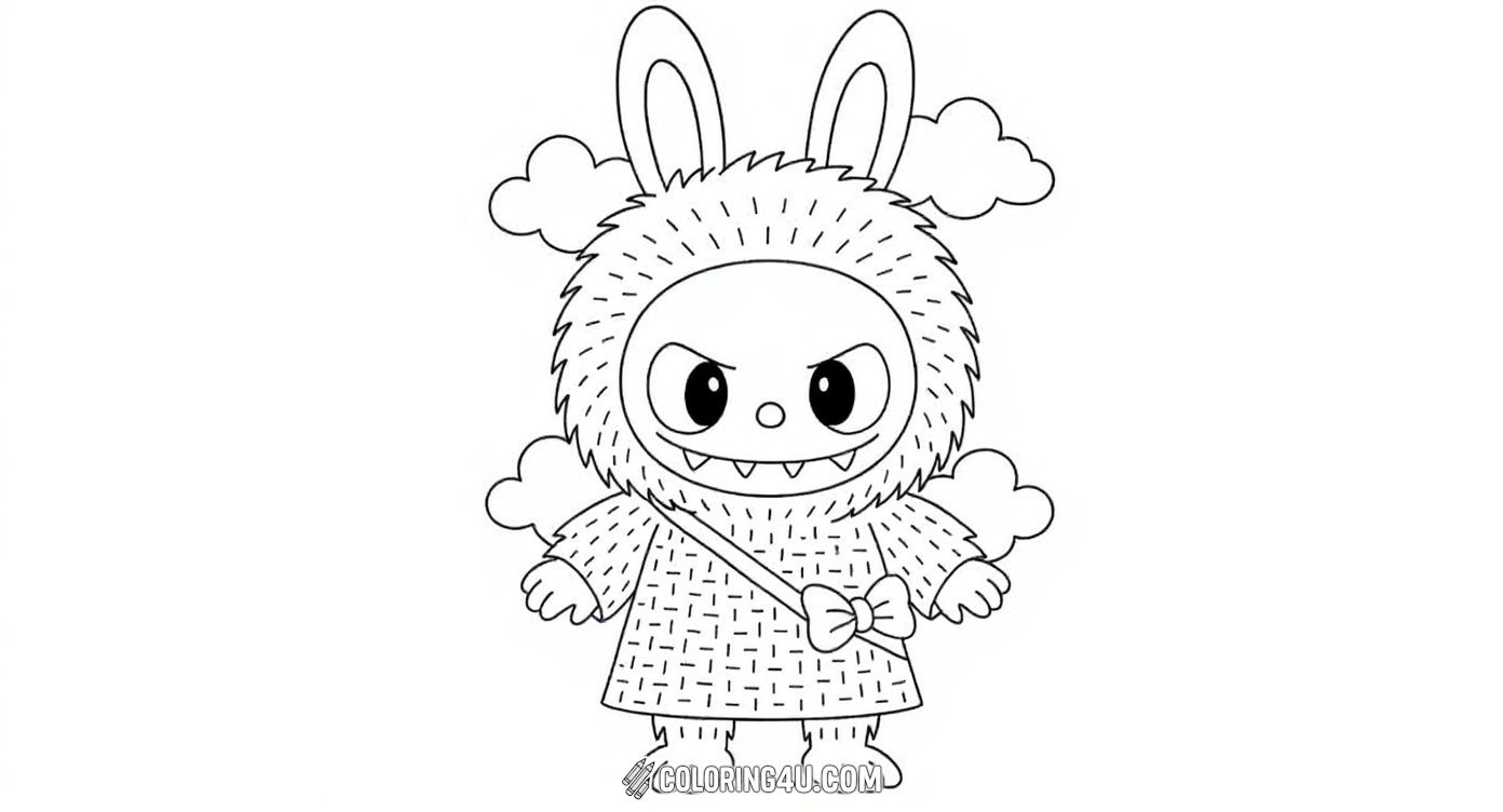 Get ready to color Labubu dressed up for a bright and breezy day! Wearing a cute dress with a bow and standing against a backdrop of fluffy clouds, Labubu looks ready for new adventures. Kids will love adding vibrant colors to this sweet and spirited doll on a sunny day.