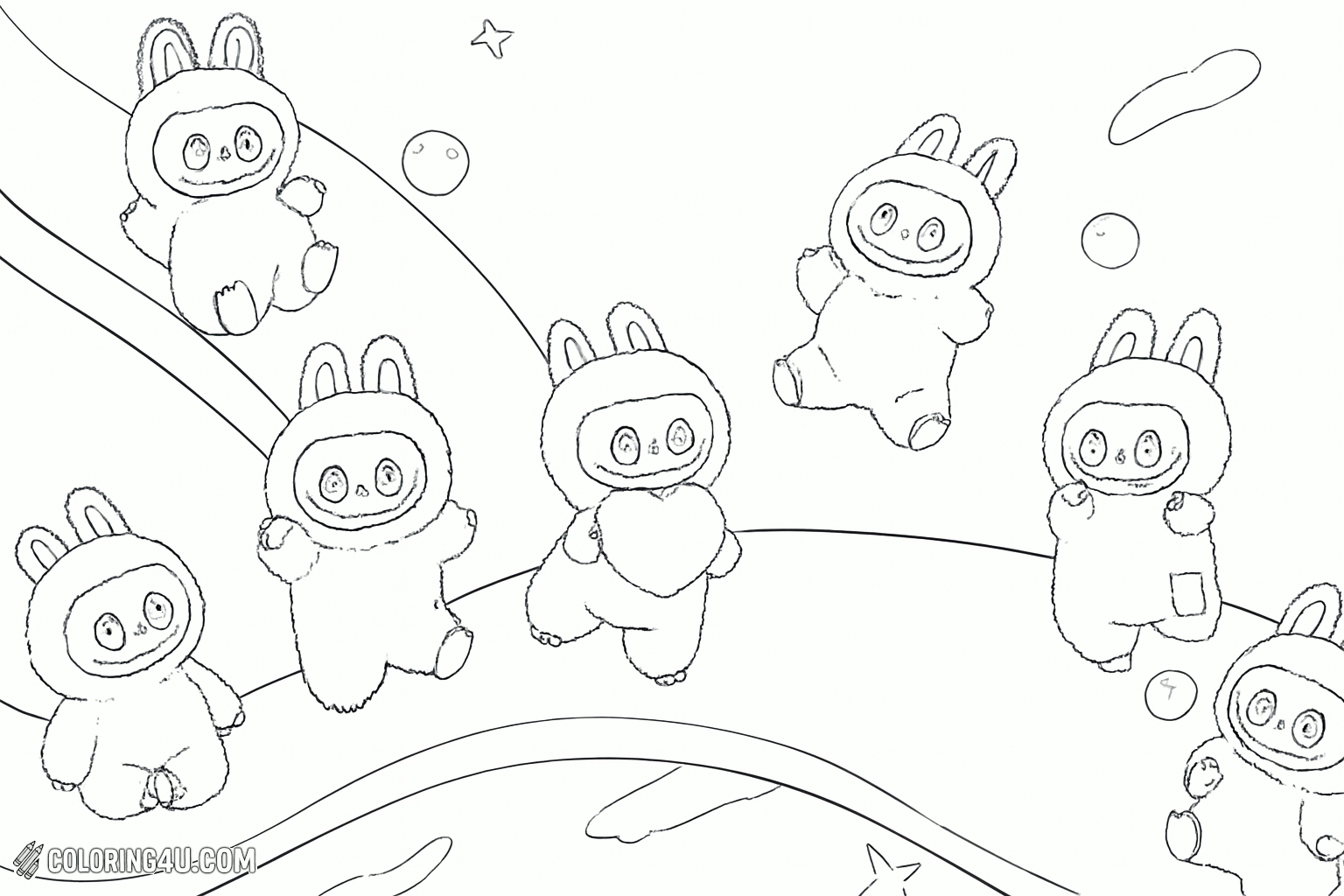 Printable coloring page of Labubu Family Multiple Poses Coloring Page from the Labubu Dolls category.