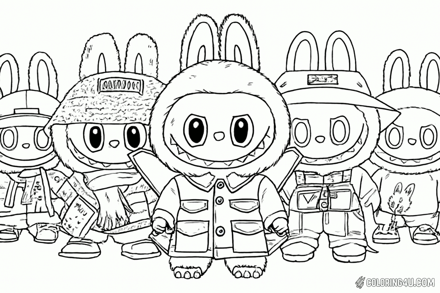 Printable coloring page of Labubu Group Lineup Coloring Page from the Labubu Dolls category.