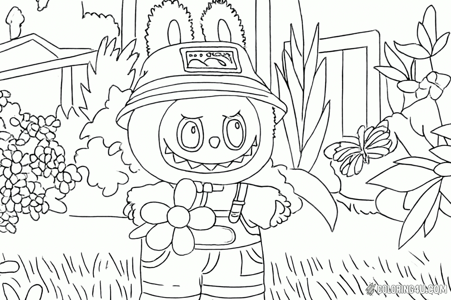 Printable coloring page of Labubu Holding Flowers Coloring Page from the Labubu Dolls category.