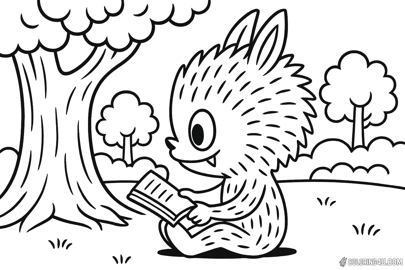 Labubu Reading Book Under Tree Coloring Page