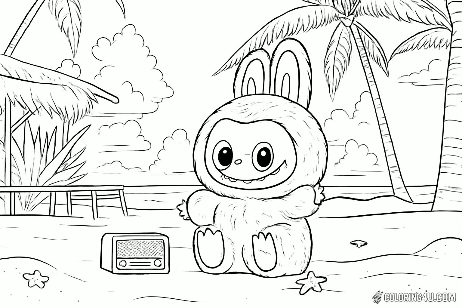 Printable coloring page of Labubu Sitting On Beach Radio Coloring Page from the Labubu Dolls category.