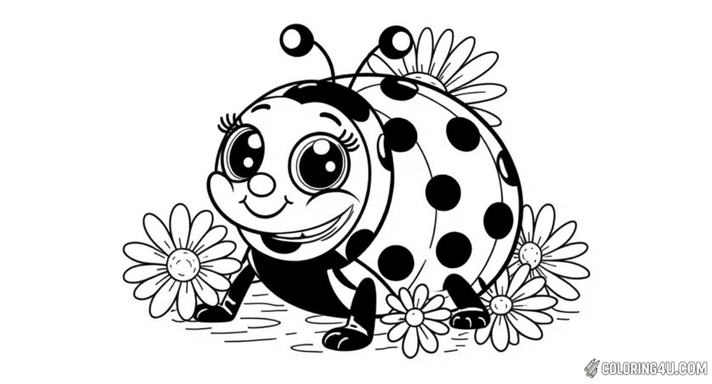 In this delightful coloring page, a happy ladybug peeks out from a bunch of flowers with big, expressive eyes. Kids will love coloring the detailed flowers and the joyful ladybug, making a beautiful springtime scene.