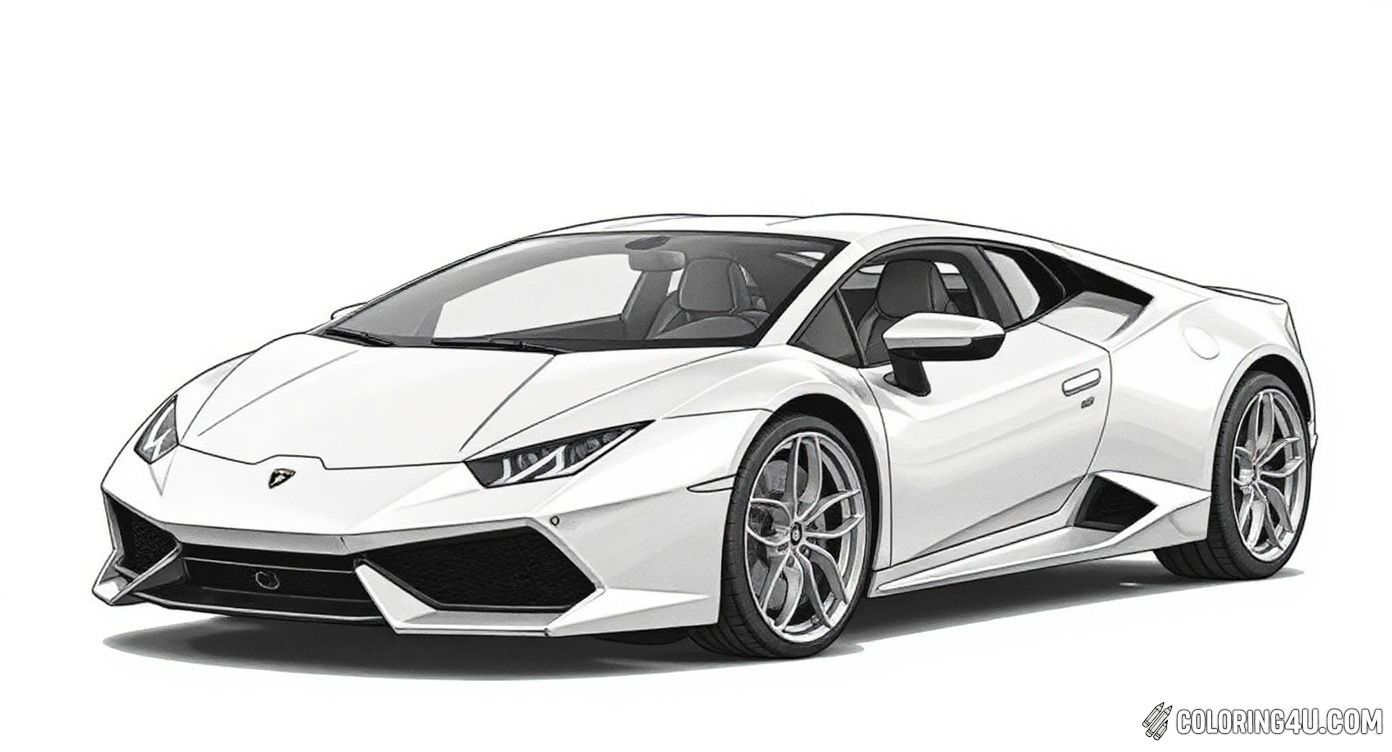 Here's a detailed coloring page of a Lamborghini Huracan, showcasing its sporty and stylish design. Kids can have a great time coloring this dynamic car, focusing on the sleek curves and sharp lines that make this supercar a real head-turner.