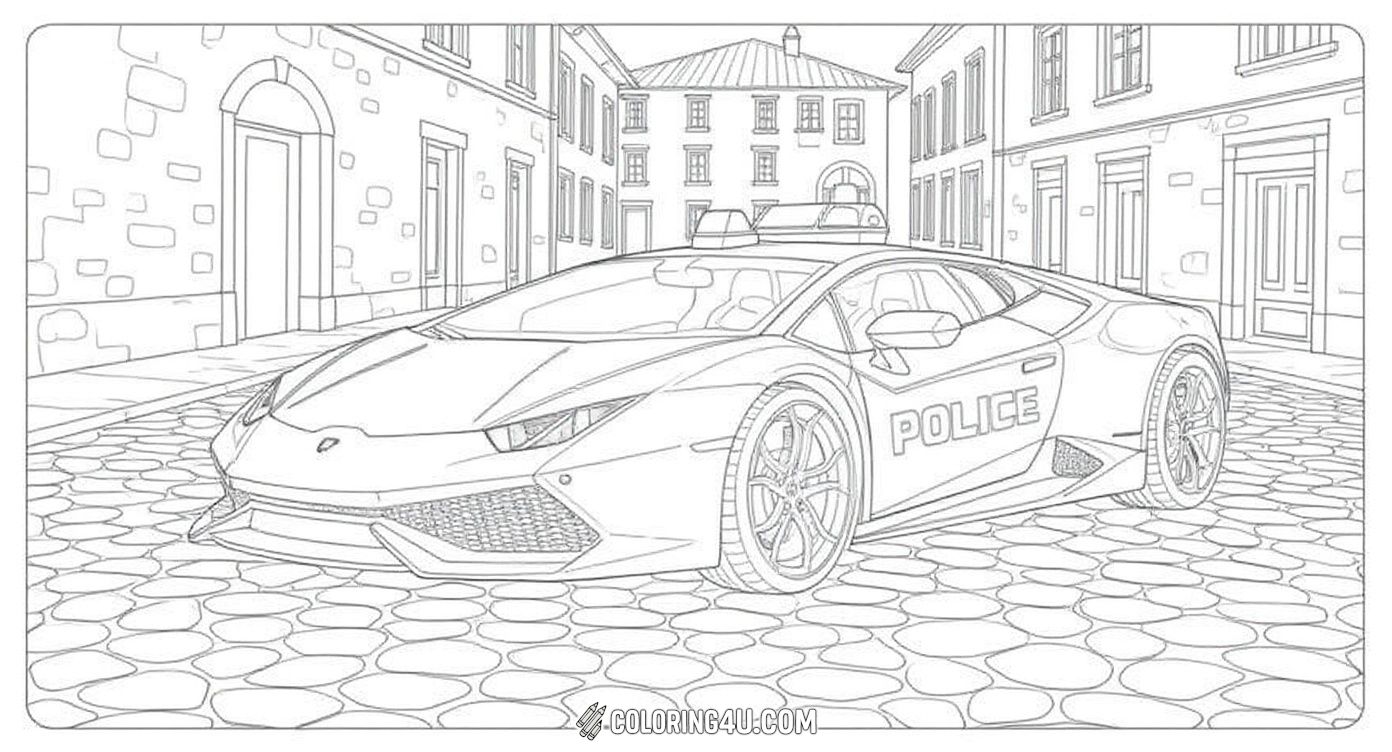 This exciting coloring page features a sleek Lamborghini police car parked on a charming Italian cobblestone street surrounded by beautiful old buildings. Kids can bring this scene to life by coloring the fast police car and the detailed historic street, sparking their imagination and love for adventure!