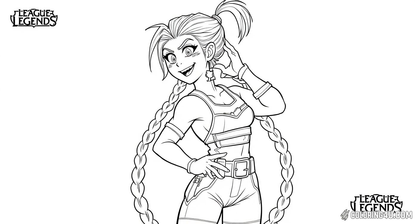 Meet Jinx, the playful and mischievous gunslinger from League of Legends, captured here in a fun pose with her iconic braids and wild expression. This coloring sheet invites kids to explore Jinx’s energetic personality by choosing bright and bold colors for her outfit and accessories. Bring this lively character to life with your creative touch!
