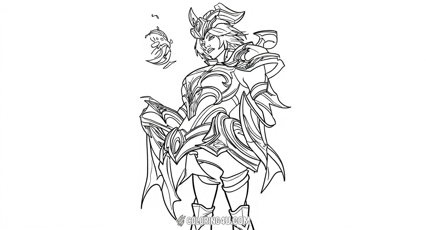 Step into the world of League of Legends with Kayle, the mighty angelic warrior dressed in shining armor! This beautifully detailed coloring page invites kids to color every piece of her ornate armor and fiery magical orb. Perfect for fans of epic fantasy and brave champions, this image provides a great opportunity to practice creativity while exploring a legendary character.