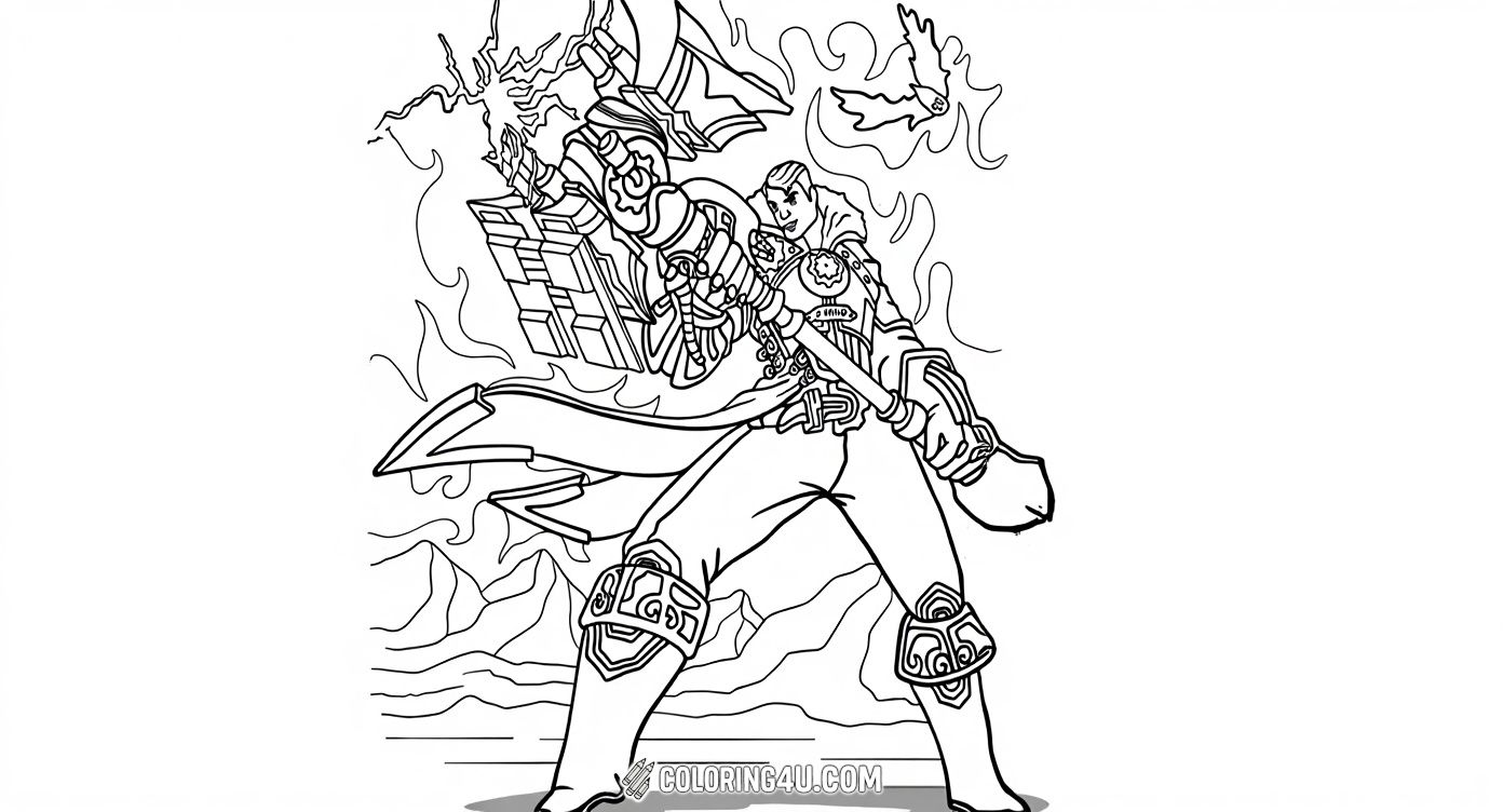 Get ready to bring this heroic League of Legends character to life! This exciting coloring page features a powerful champion wielding a massive hammer, surrounded by dynamic energy and a dramatic mountain landscape. Kids will love adding vibrant colors to the detailed armor and the striking background, making this action-packed scene truly come alive.