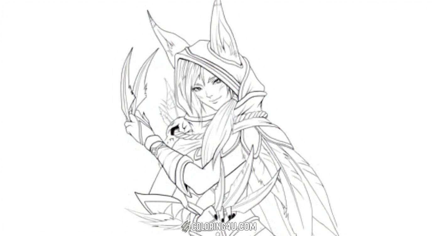 Unleash your imagination with this intriguing League of Legends character featuring a fox-like warrior with sharp claws and flowing robes. Kids can have fun coloring the intricate costume details and capturing the fierce yet mysterious expression of this agile fighter. This page is perfect for young artists who enjoy fantasy heroes and exciting adventure themes.