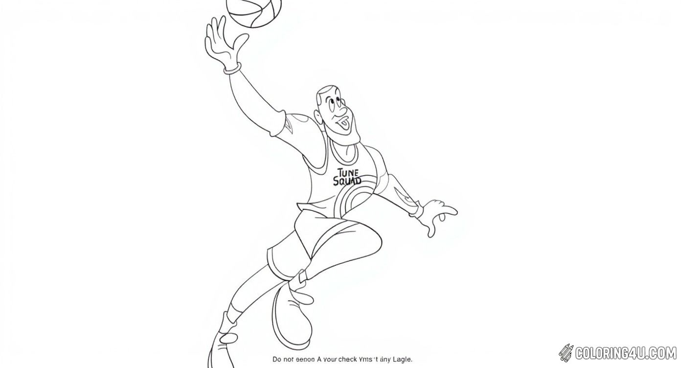 Get ready to color LeBron James as a fun cartoon character from Space Jam: A New Legacy! This lively image captures him jumping high to make a basketball shot, wearing his Tune Squad jersey. Kids will enjoy adding vibrant colors to this action-packed, animated basketball scene.
