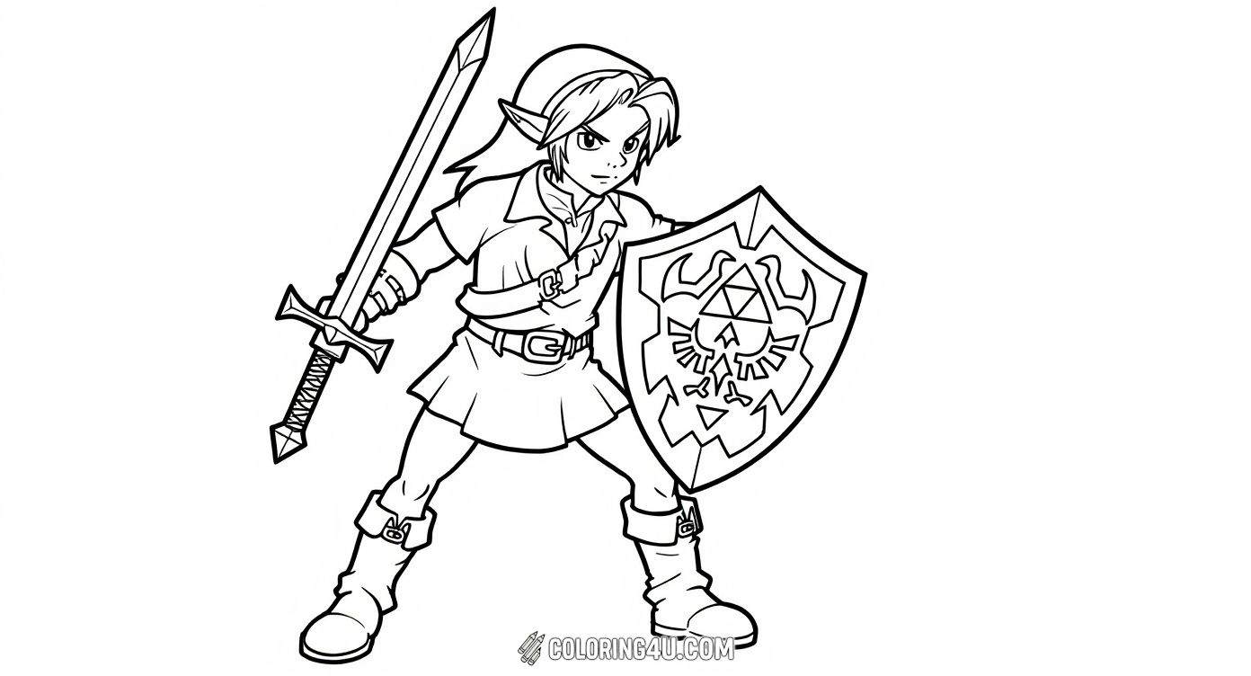 Here is a classic drawing of Link, the courageous warrior from the Legend of Zelda games, standing tall with his iconic sword and shield. Children can have fun coloring his detailed armor and feel inspired by his strong and fearless pose.