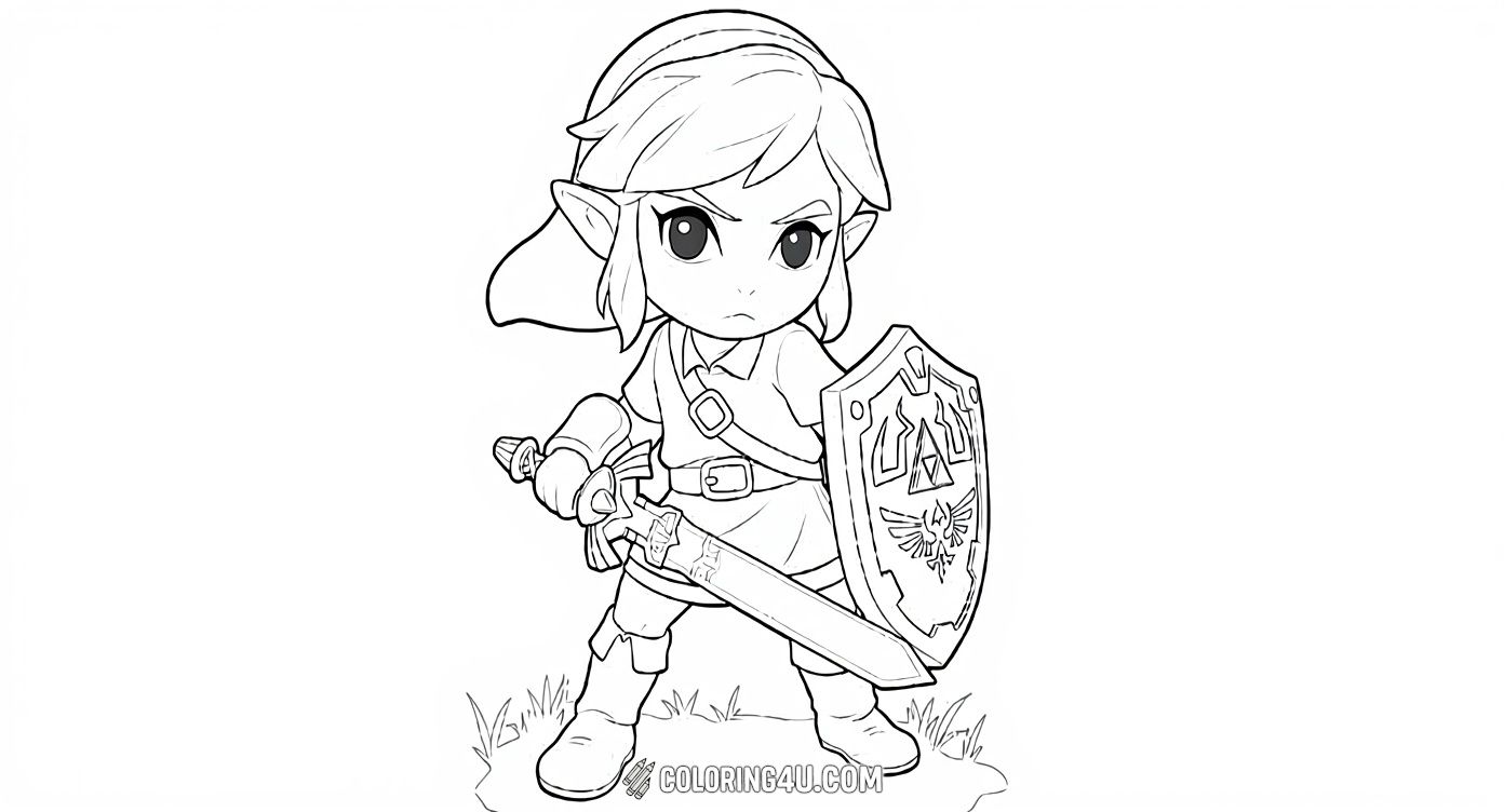 This coloring page features a miniature version of Link, the brave hero from the Legend of Zelda series. Kids can enjoy bringing to life his determined expression as he stands ready with his sword and shield, preparing to embark on an exciting adventure.