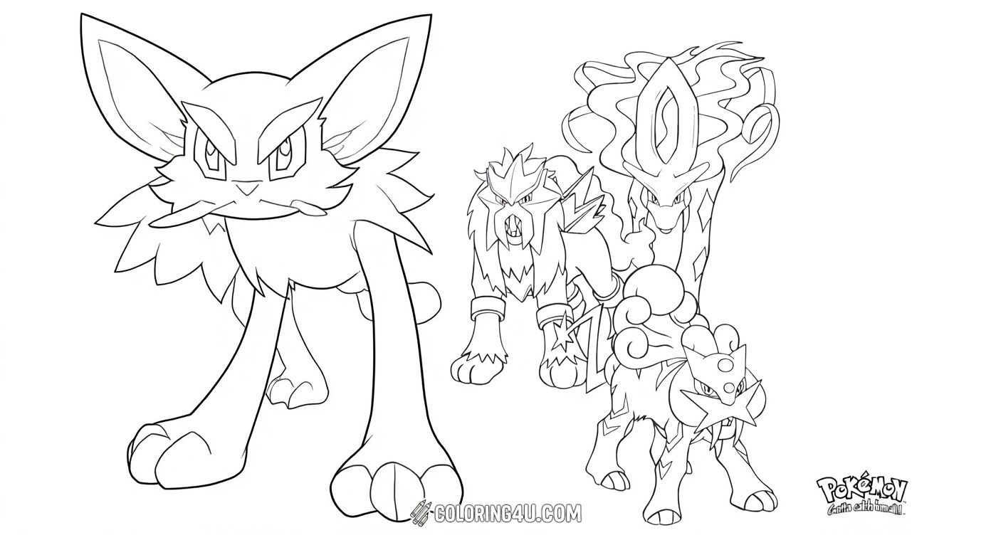 Explore the legendary world of Pokémon with this fun coloring page featuring the three legendary beasts: Entei, Azelf, and Suicune! Each Pokémon is standing strong and ready for action, giving kids the perfect chance to color these mythical creatures in their own unique style.