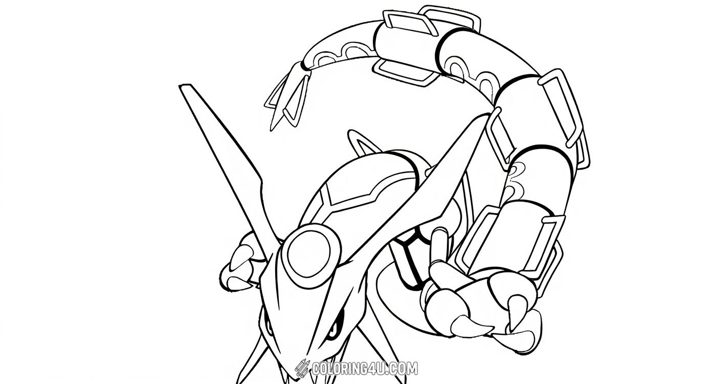Dive into an epic coloring experience with Mega Rayquaza, a majestic and powerful legendary Pokémon from the Pokémon games. This detailed coloring page invites kids to unleash their creativity and add vibrant colors to this mysterious sky serpent Pokémon.