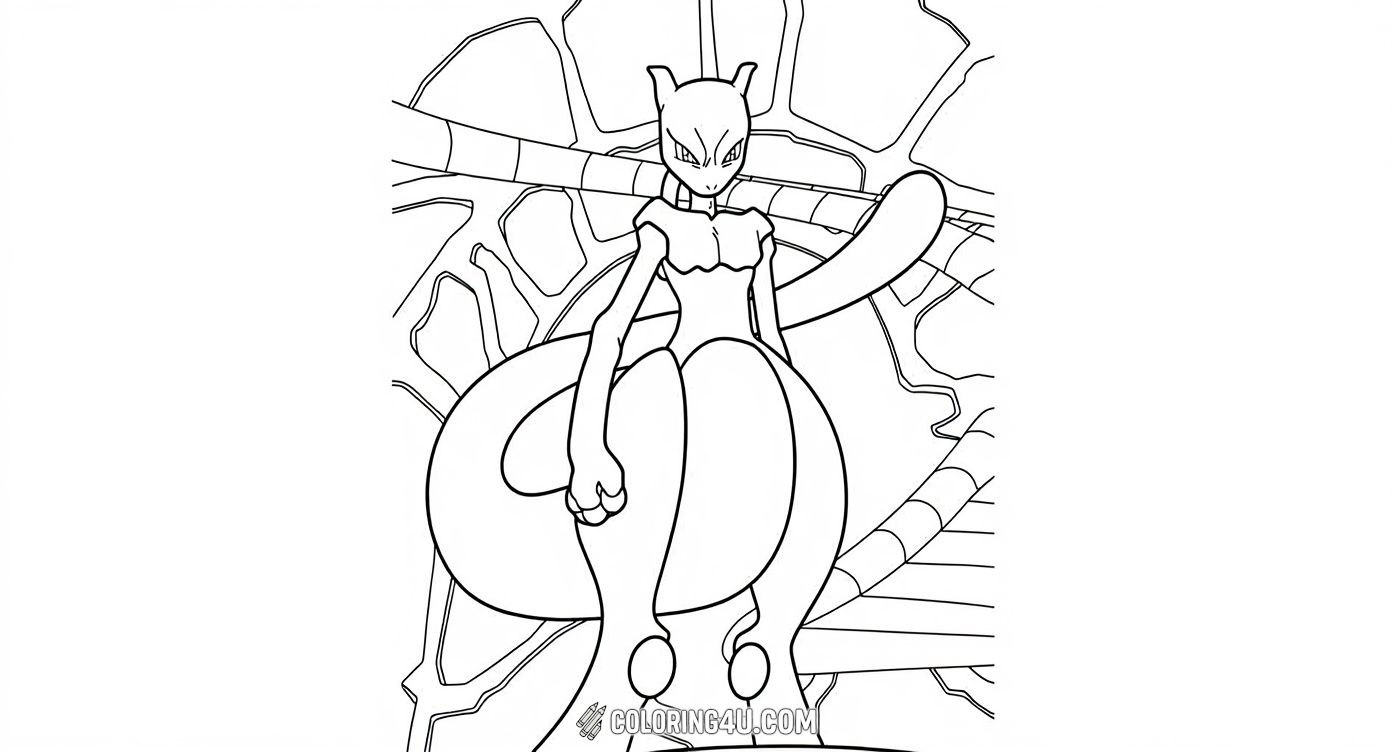 Get ready to color Mewtwo, the powerful legendary Pokémon known for its psychic abilities! This coloring page shows Mewtwo standing tall inside a mysterious laboratory, inviting kids to add their favorite colors and bring this legendary creature to life.