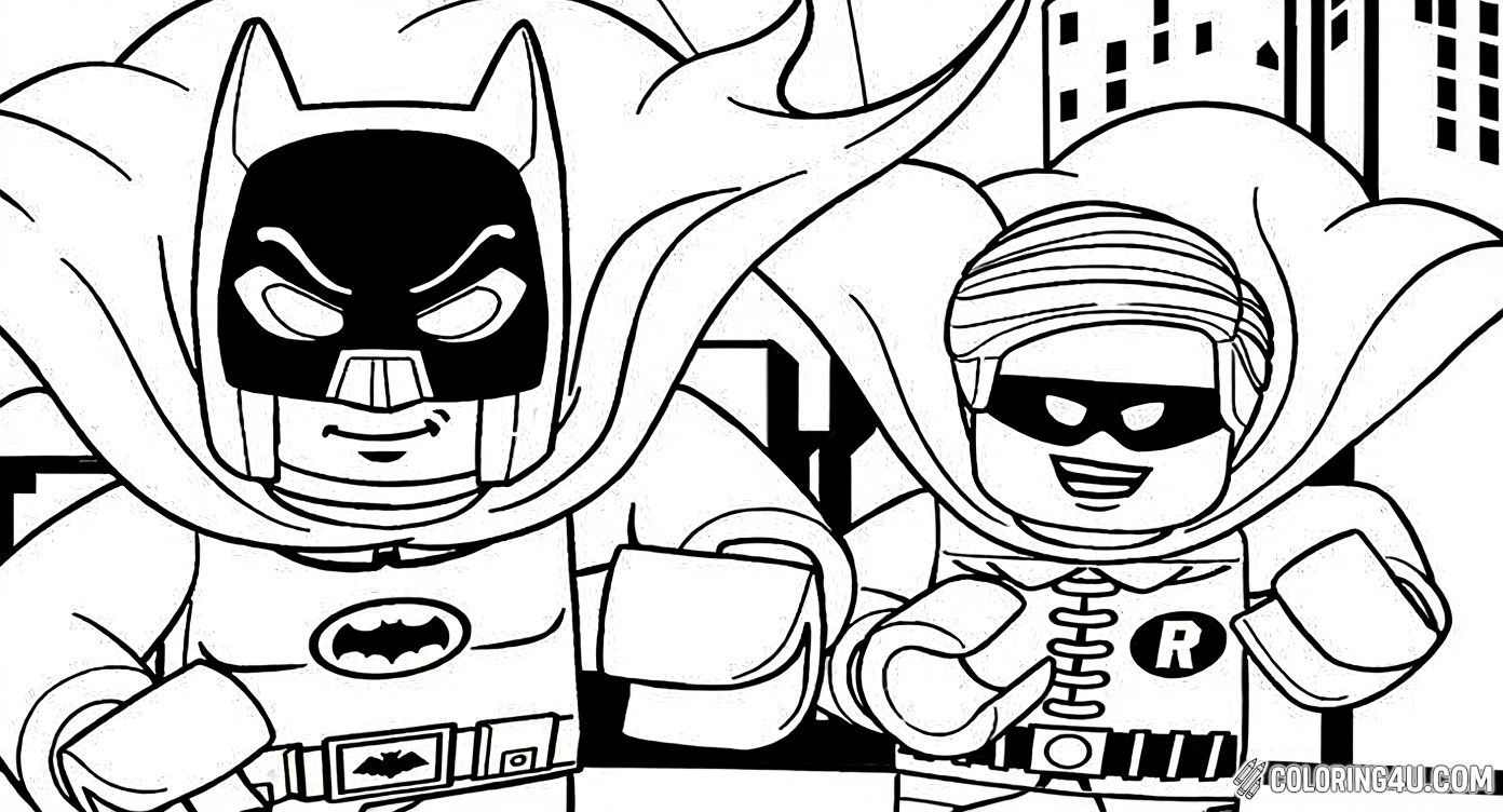 Join LEGO Batman and Robin on an exciting adventure with this dynamic coloring page! Perfect for young fans, it shows the iconic crime-fighting duo ready to protect Gotham City. Kids will love adding vibrant colors to Batman’s cape and Robin’s costume against the city skyline.