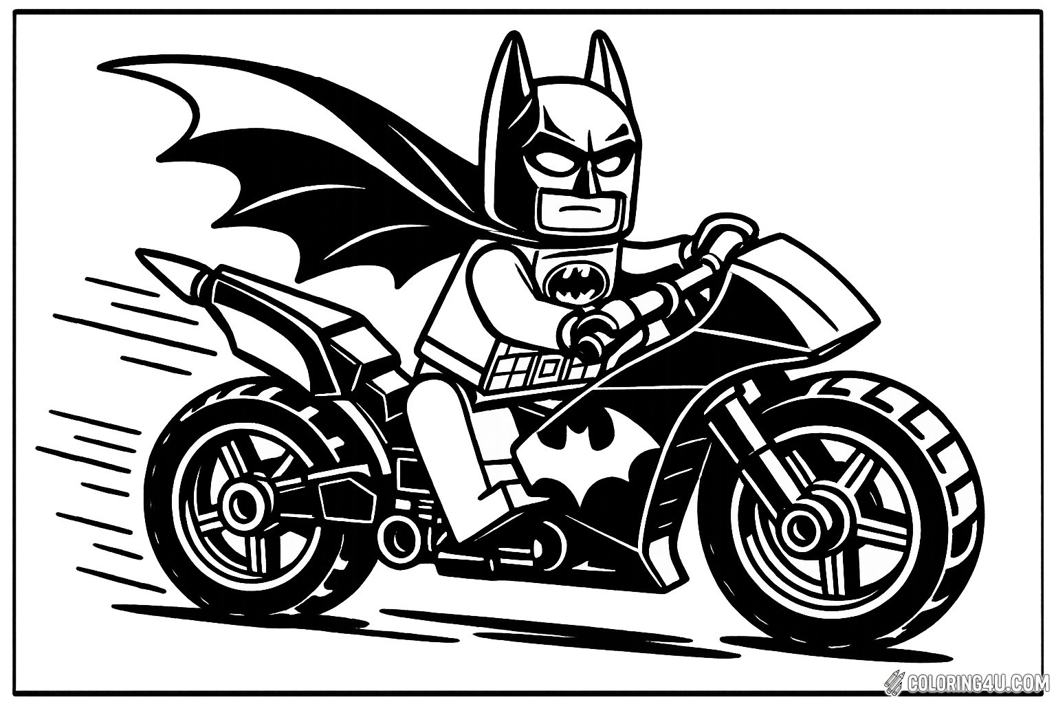 Join LEGO Batman as he speeds through Gotham City on his sleek batcycle, cape billowing behind him. This action-packed scene captures the thrill of the chase, perfect for young artists to bring to life with vibrant colors. Get ready to color in the iconic bat symbol and imagine the adventures that await!