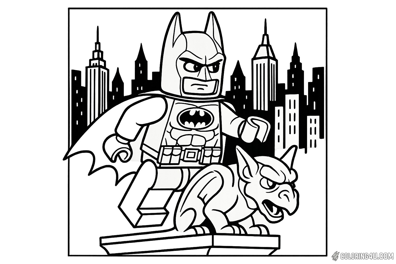 In this exciting coloring page, LEGO Batman stands confidently on a gargoyle, ready to protect Gotham City. His iconic cape billows behind him as he gazes over the skyline filled with towering buildings. The fierce gargoyle beside him adds a touch of mystery and adventure, inviting kids to bring this heroic scene to life with vibrant colors.
