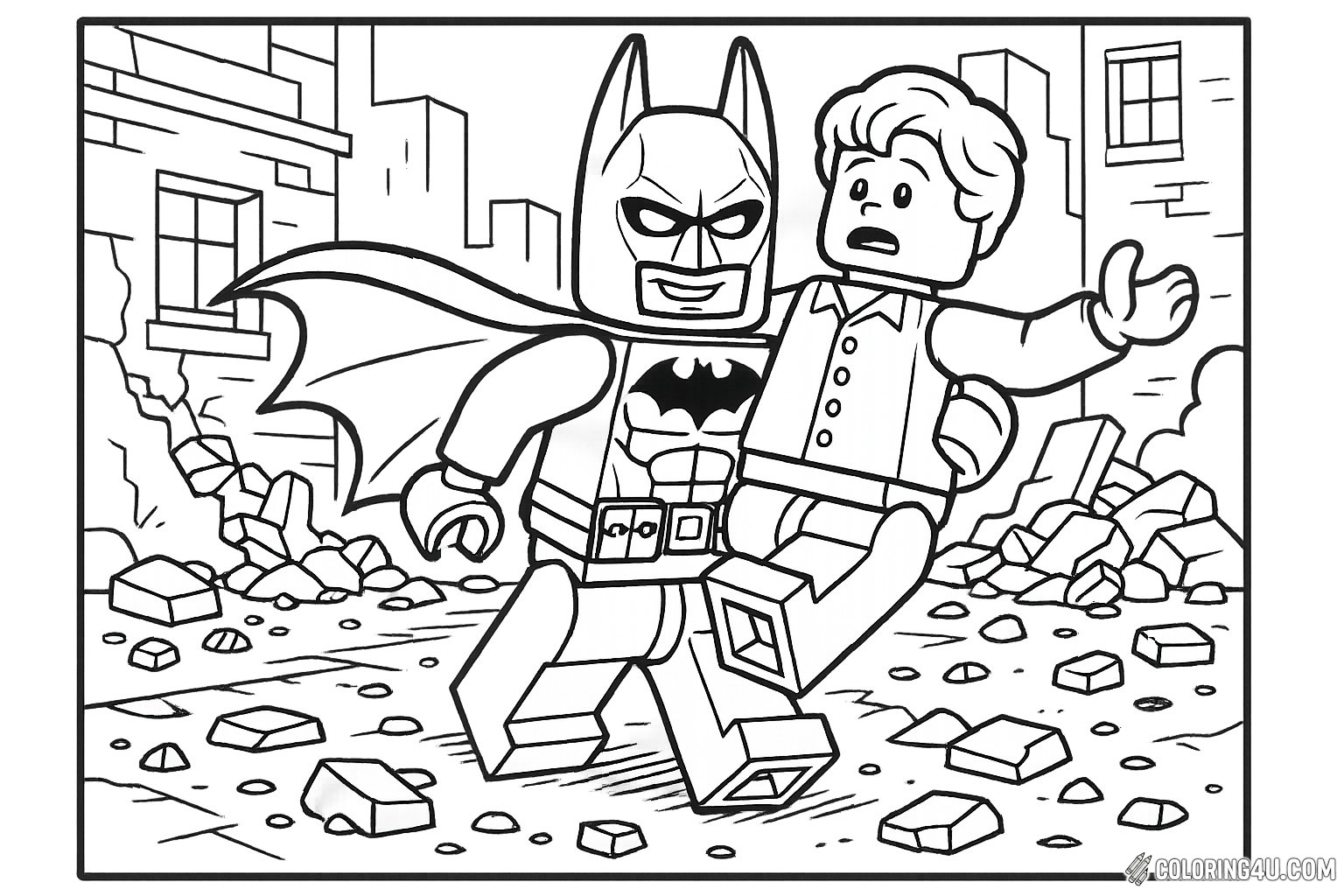 In this exciting scene, LEGO Batman heroically rescues a civilian from a chaotic cityscape filled with rubble. With his iconic cape billowing behind him, Batman displays his strength and bravery as he lifts the frightened figure, ready to escape danger. Kids will love bringing this action-packed moment to life with vibrant colors!