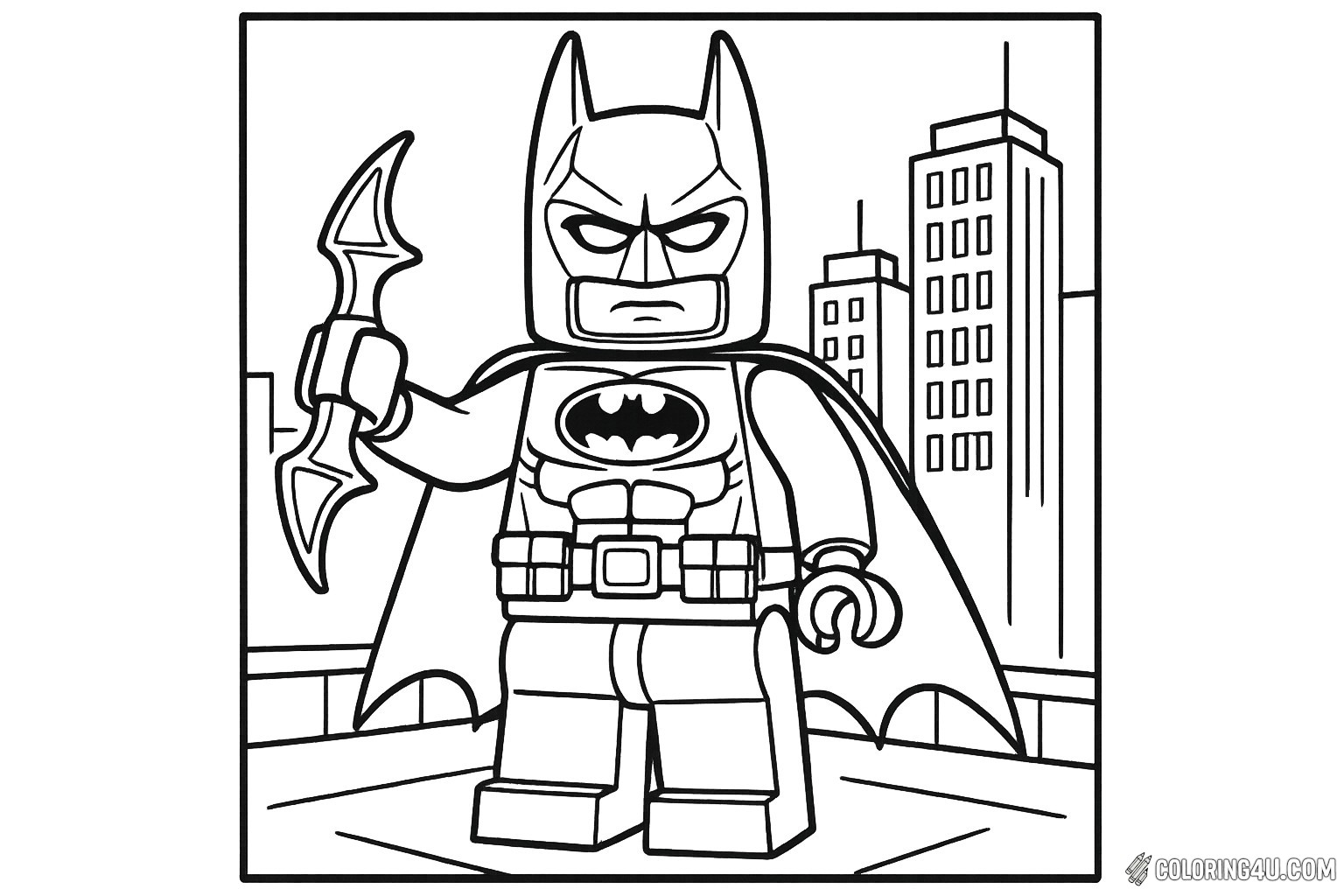 In this exciting coloring page, a LEGO version of Batman stands confidently on a rooftop, ready for action. He holds his iconic batarang, showcasing his determination to protect Gotham City. With a flowing cape and the classic bat symbol on his chest, kids can bring this superhero to life with vibrant colors against a backdrop of tall buildings.