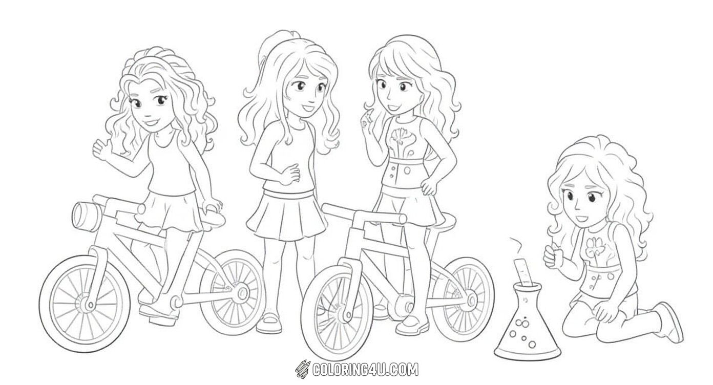 Join the LEGO Friends girls as they enjoy a fun day filled with creativity and learning! One girl is riding her bicycle, while others are exploring science, painting, and caring for an adorable owl. This coloring page is perfect for kids who love adventures and teamwork.