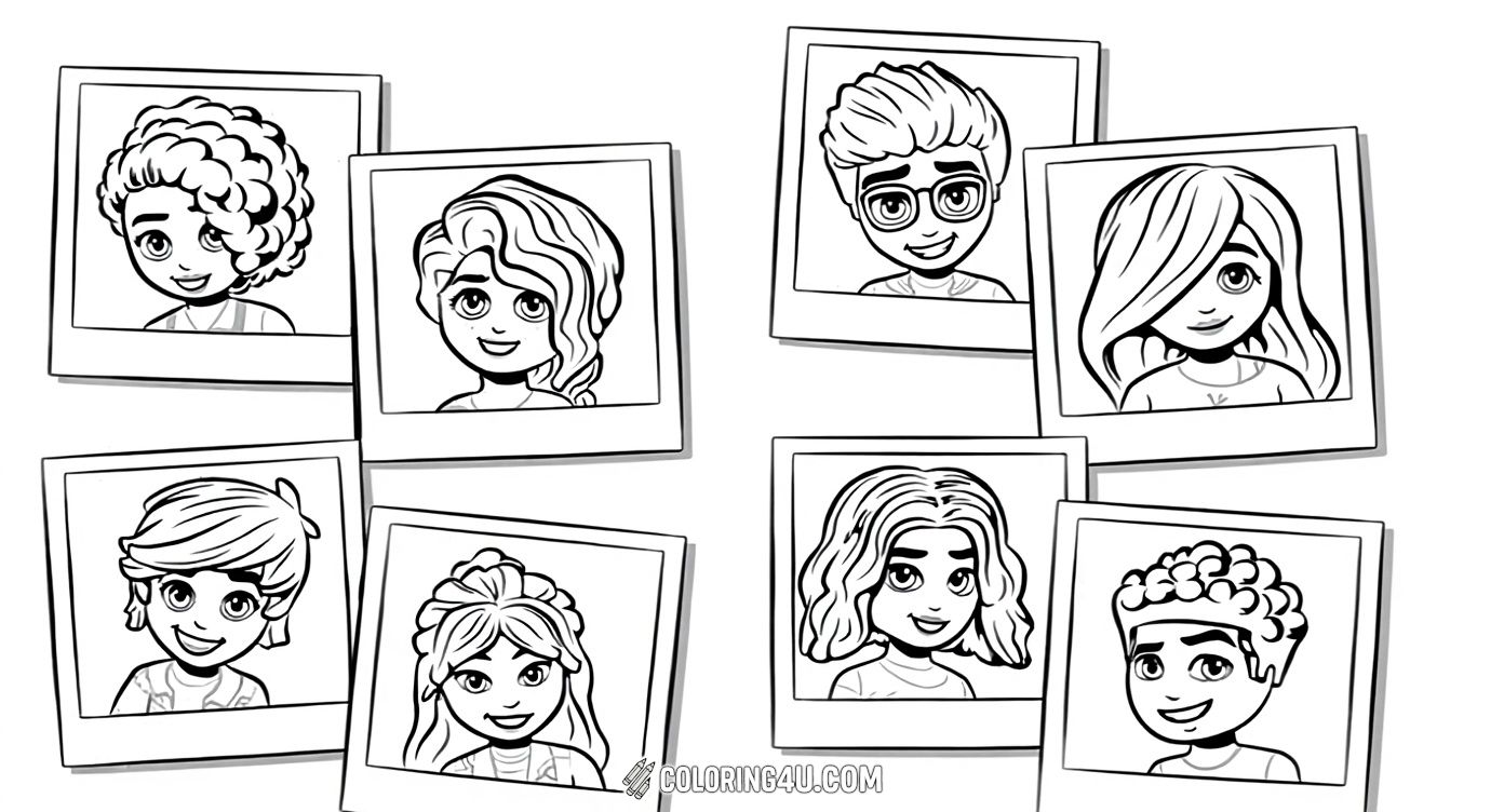 Explore the LEGO Friends school album featuring cheerful portraits of eight friends! Each character has a unique hairstyle and smile, making this coloring page a wonderful way for kids to meet and color their favorite LEGO Friends characters in a fun school-themed setting.