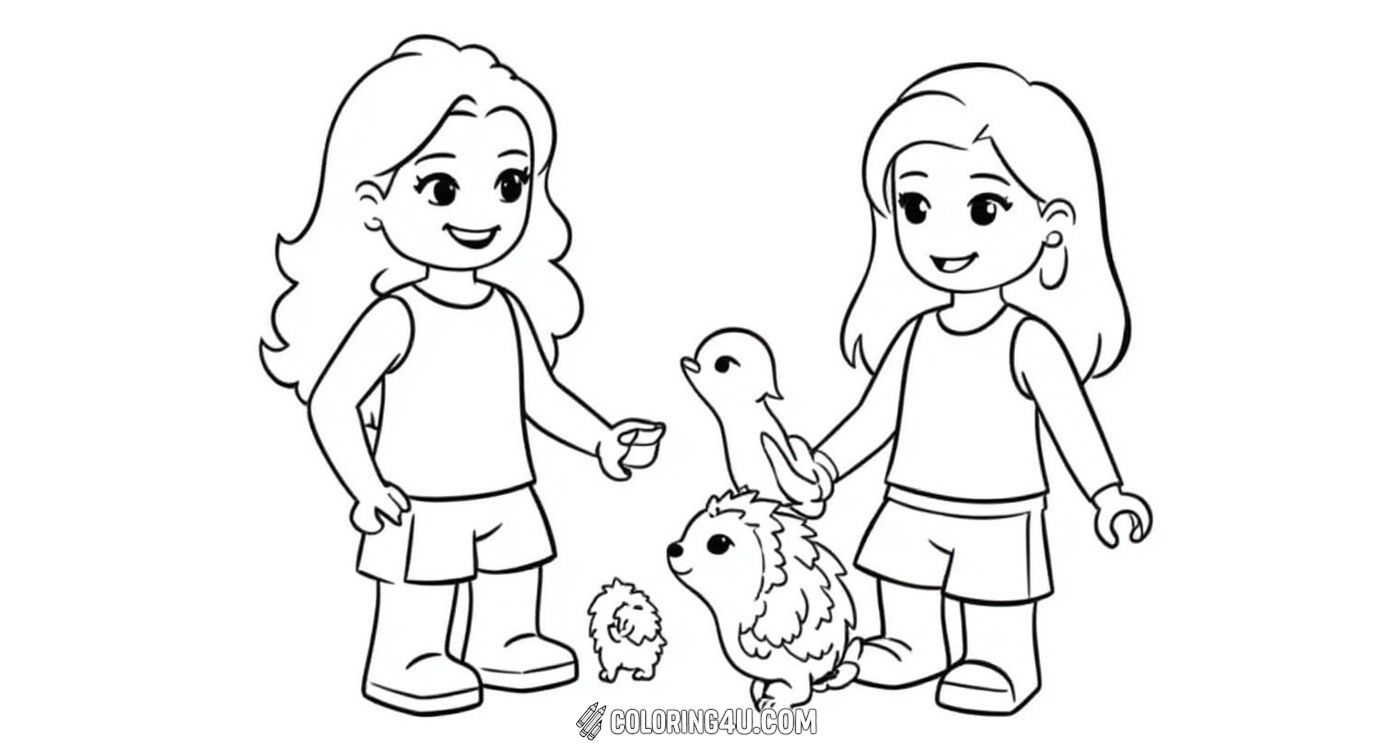 Color this delightful scene with two LEGO Friends girls spending time with their charming pets! One girl holds a friendly bird, while a cute cat and hedgehog sit nearby. Perfect for kids who love animals and friendship, this page invites creativity and fun.